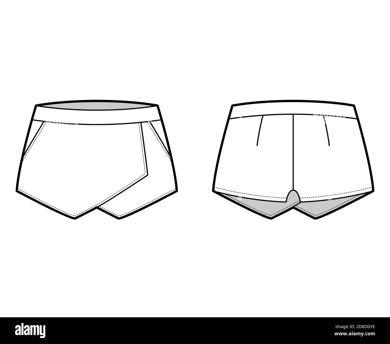 https://c8.alamy.com/comp/2D8DGYE/skirt-skort-shorts-skort-technical-fashion-illustration-with-mini-length-silhouette-pencil-fullness-thin-waistband-flat-bottom-template-front-back-white-color-style-women-men-unisex-cad-mockup-2D8DGYE.jpg