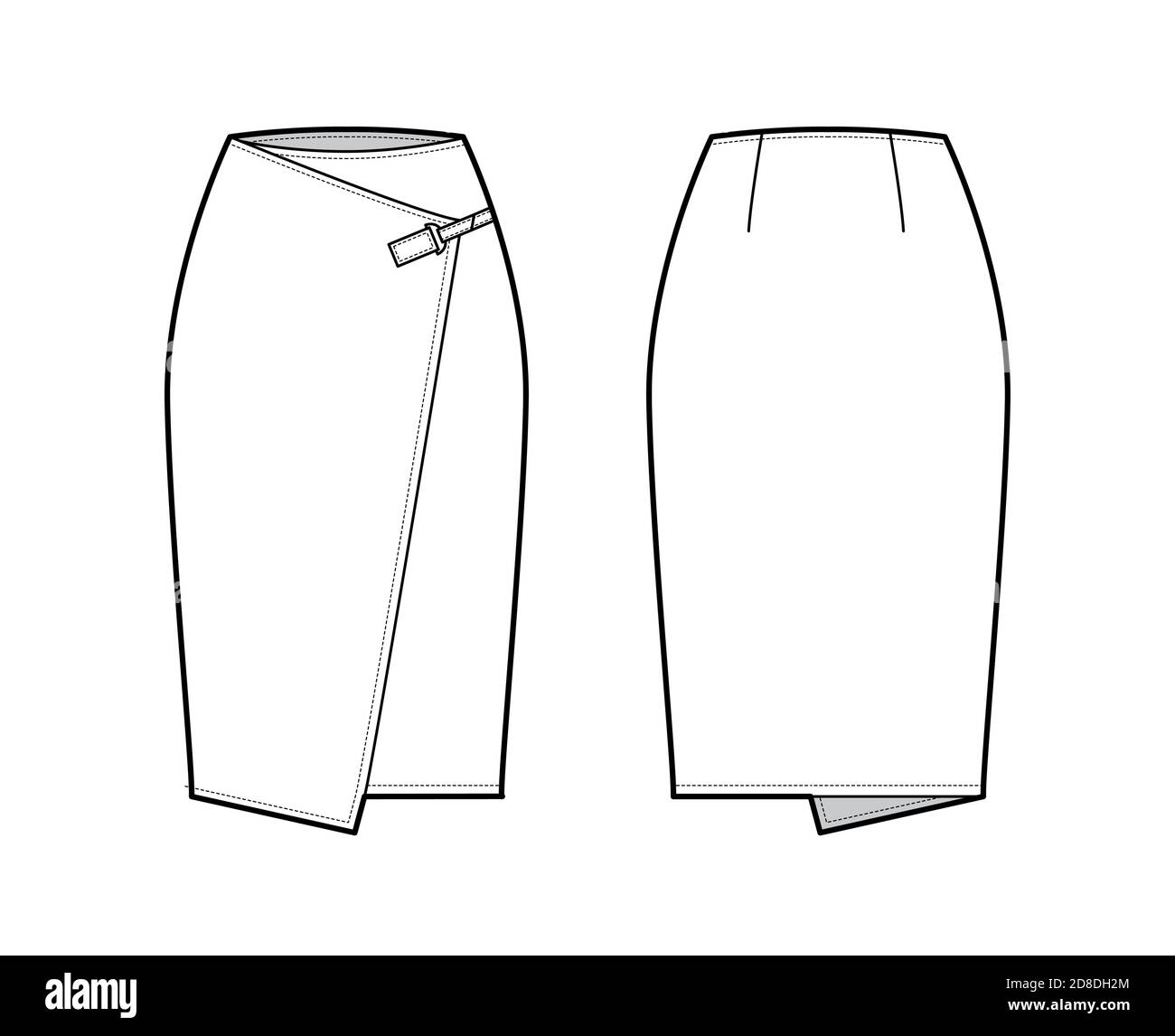Skirt wrap technical fashion illustration with straight knee silhouette ...