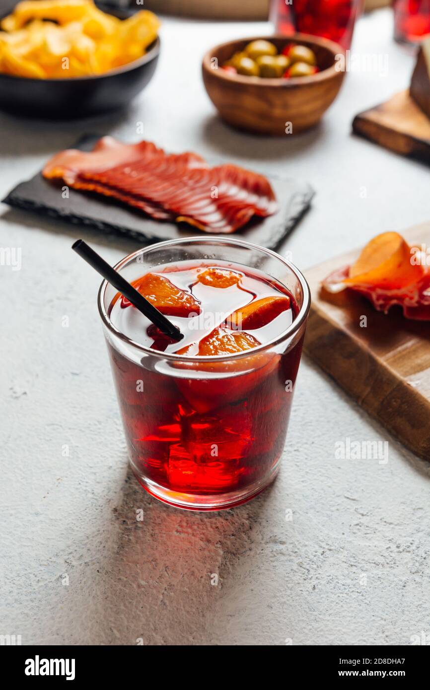 Pictures of typical Spanish food snacks (tapas). Composed of Sangria, iberian ham, manchego
