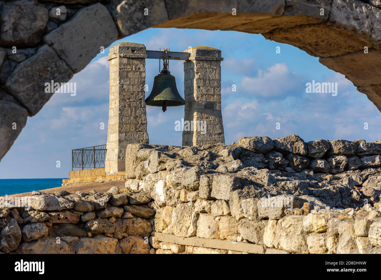 The ancient city of Chersonesos in Sevastopol on November 23, 2017. View of the famous bell and the sea. Museum-reserve is a UNESCO world heritage sit Stock Photo
