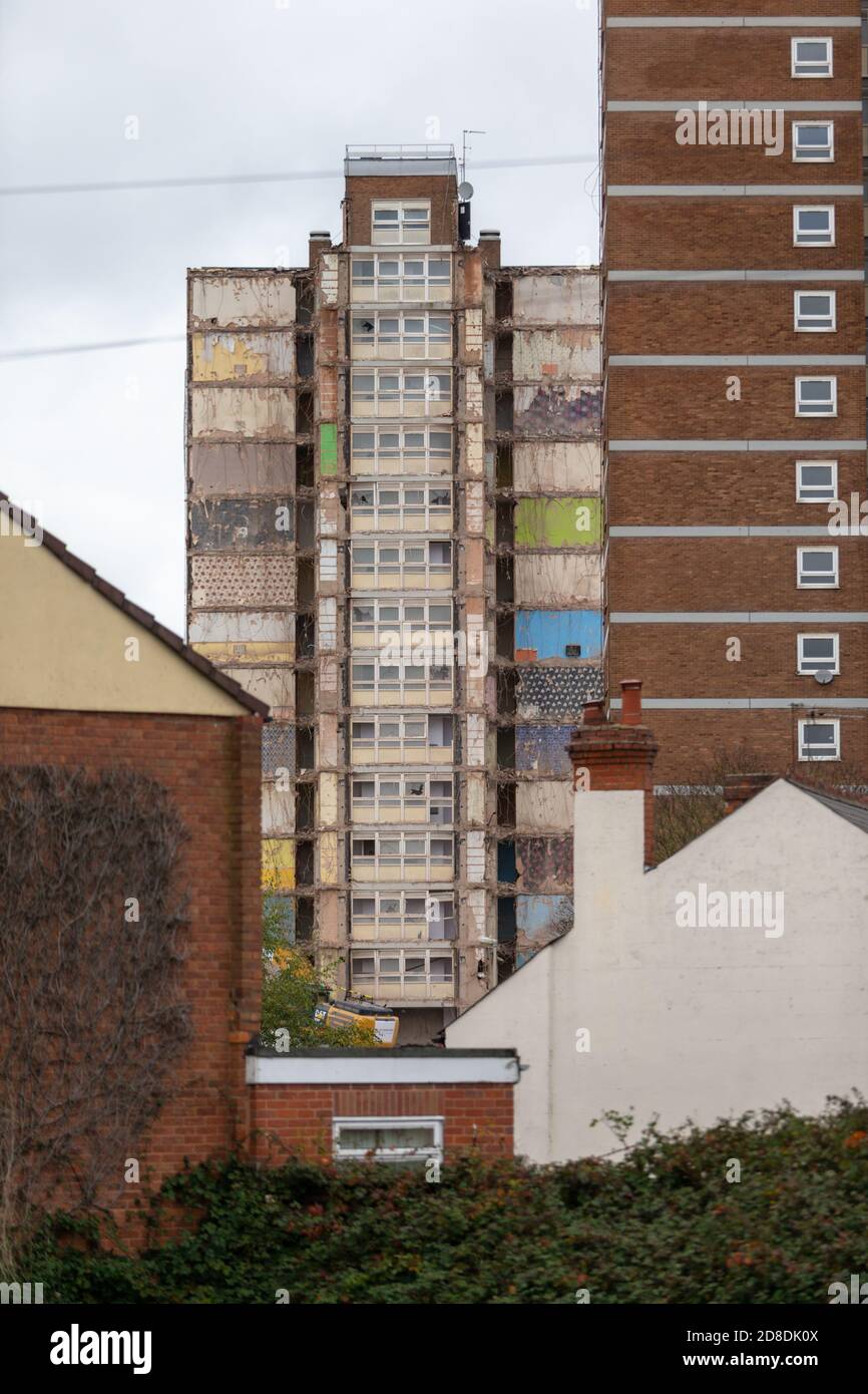 High rise block of flats in Netherton, West Midlands, UK, undergoing demolition Stock Photo