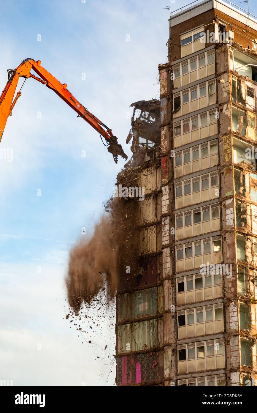 High rise residential apartment block being demolished, Netherton, West Midlands UK Stock Photo