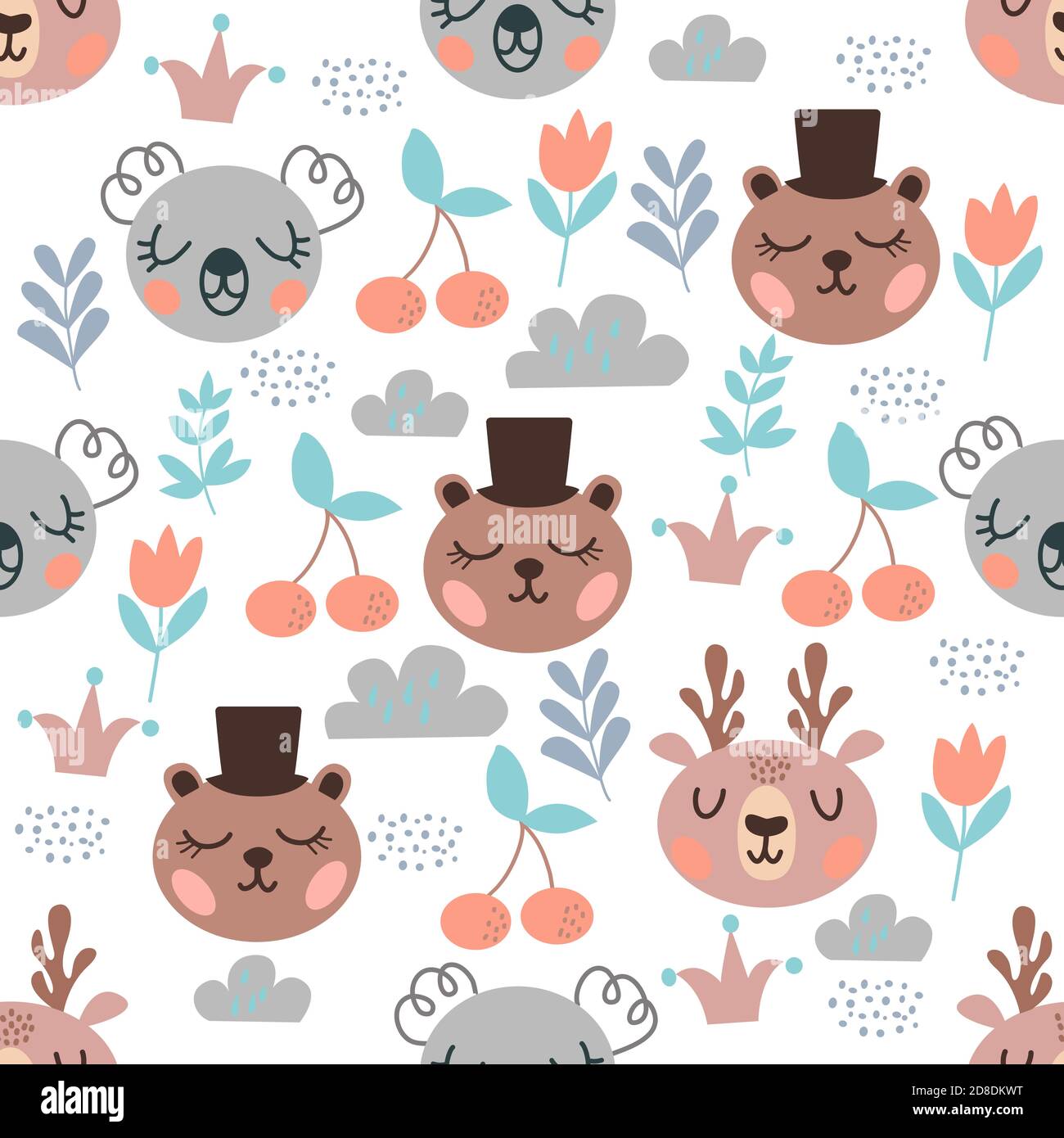 Seamless pattern with cute cartoon faces of bear, panda, deer, leaves, berries and clouds. For decorating covers, prints for children's clothing Stock Vector