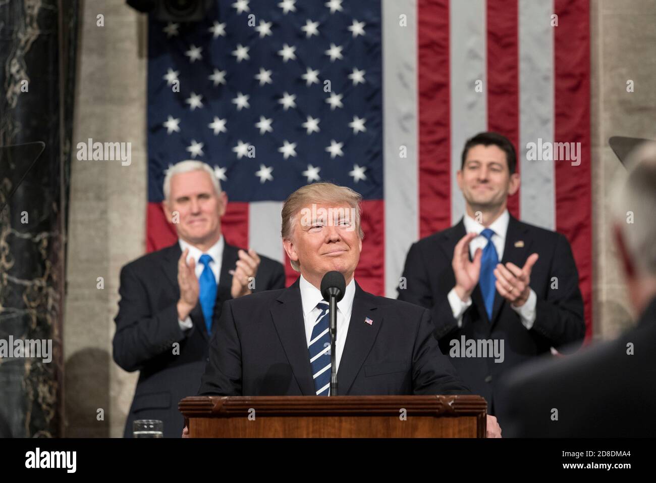 WASHINGTON DC, USA - 28 February 2020 - Flanked by Vice President Mike Pence and House Speaker Paul Ryan (R-WI), President Donald Trump delivers his J Stock Photo