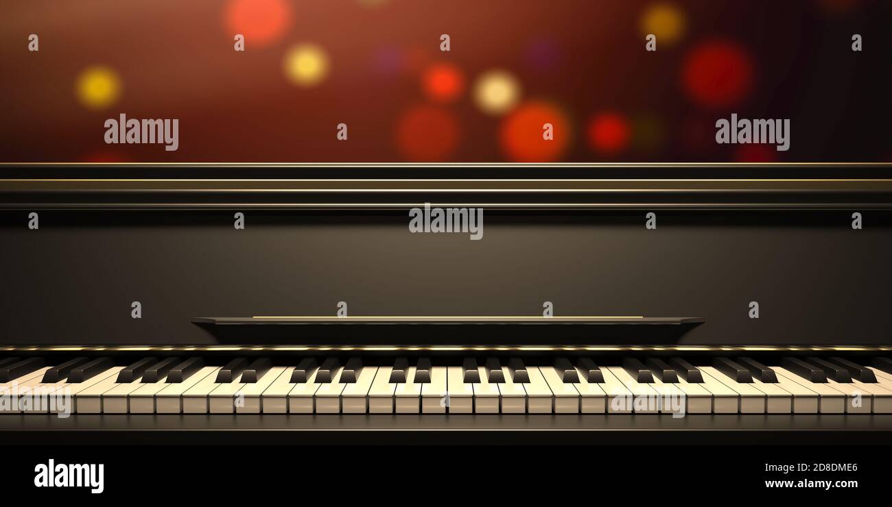 Piano keyboard, festive bokeh background. Soft light on piano keys, closeup  front view. Holiday music, invitation card template. 3d illustration Stock  Photo - Alamy