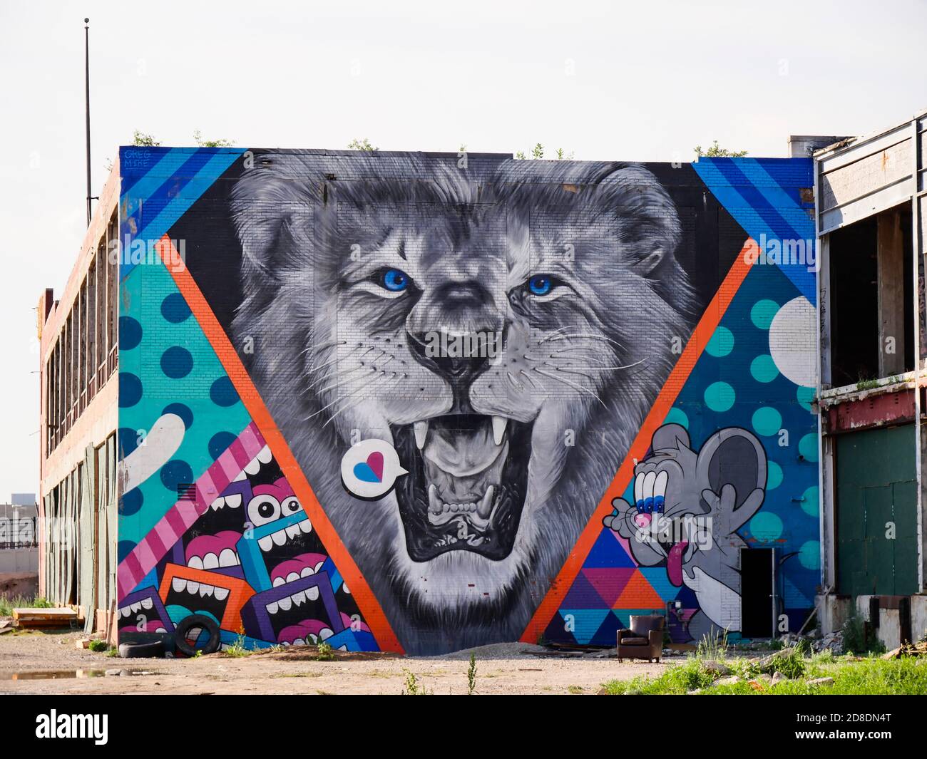 Painted mural near the Eastern Market of Detroit with a lion, art by