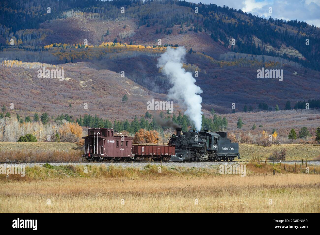 USA, NEW MEXICO. Historic loco of Cumbres &Toltec Railways with two wagons outside Cumbres station Stock Photo