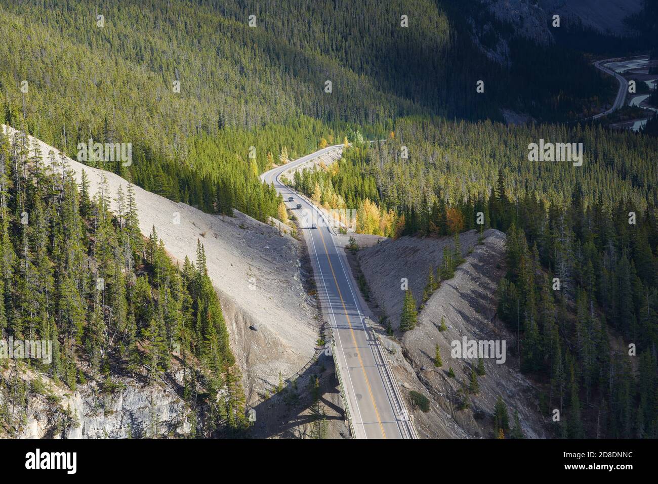 CANADA, ALBERTA, JASPER, 2014-09-26:View down onto Icefield Parkway in Jasper National Park. The 240 km long road was built 1940 and is one of the mos Stock Photo