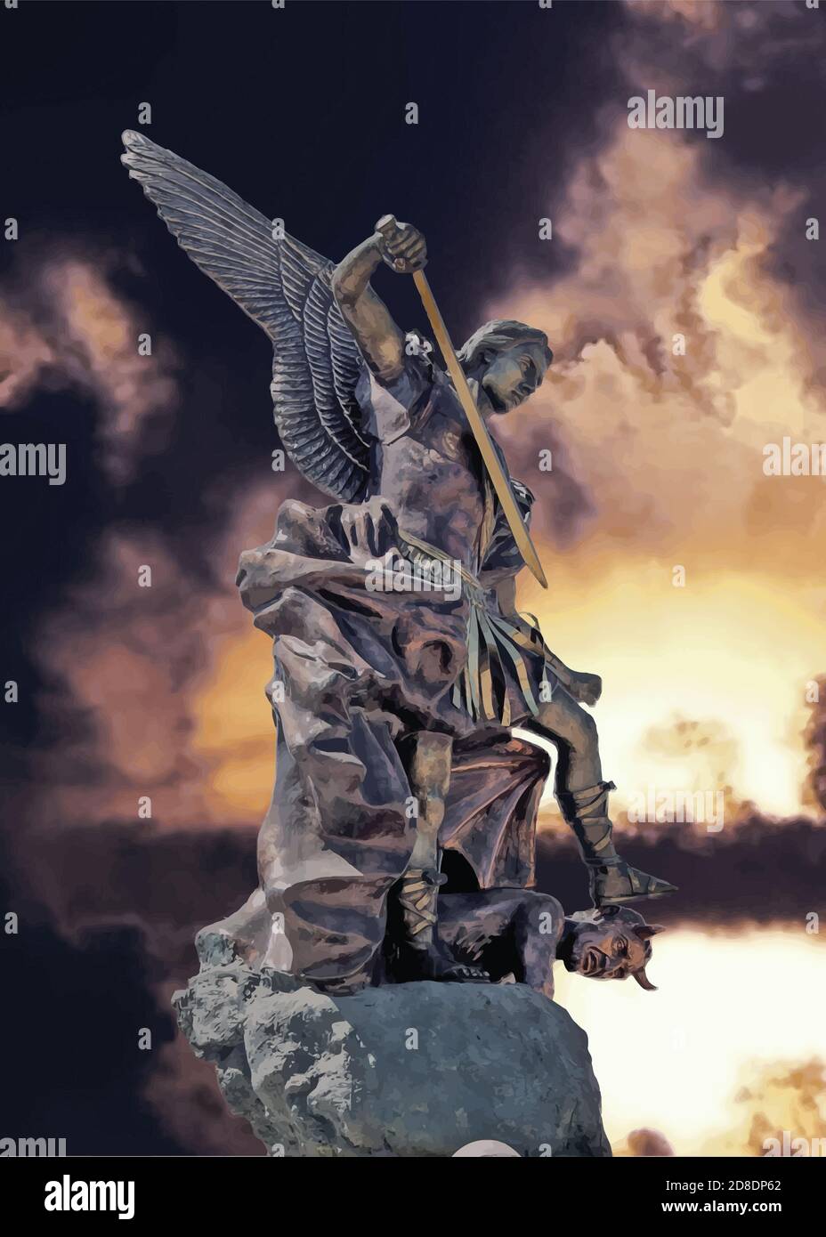 Digital painting of a statue depicting Saint Michael Archangel defeating the forces of Lucifer in the War in Heaven.  Original photo and painting by L Stock Vector