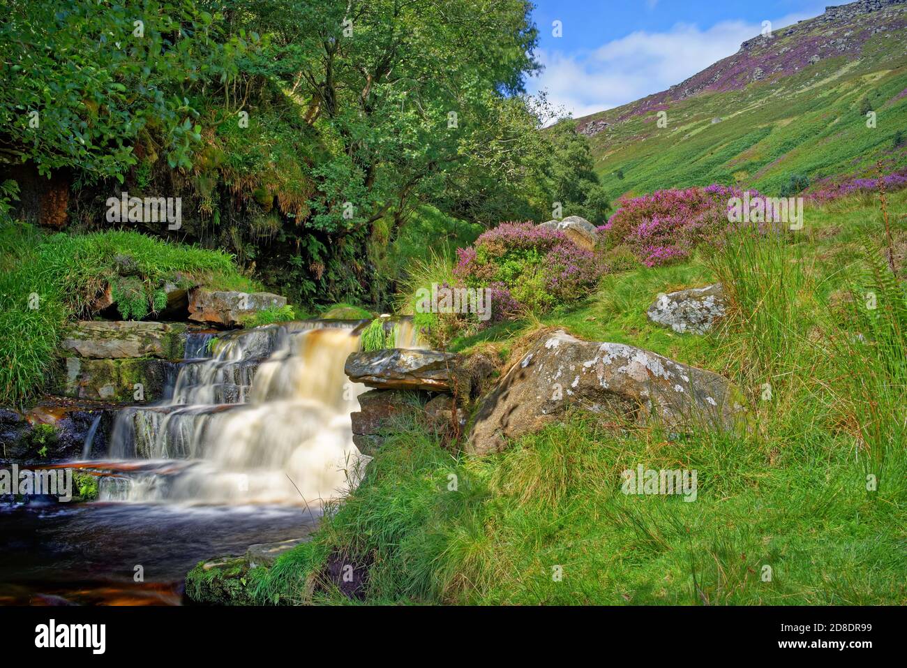 UK,Derbyshire,Peak District,Grindsbrook Clough Waterfalls and Kinder Scout Stock Photo