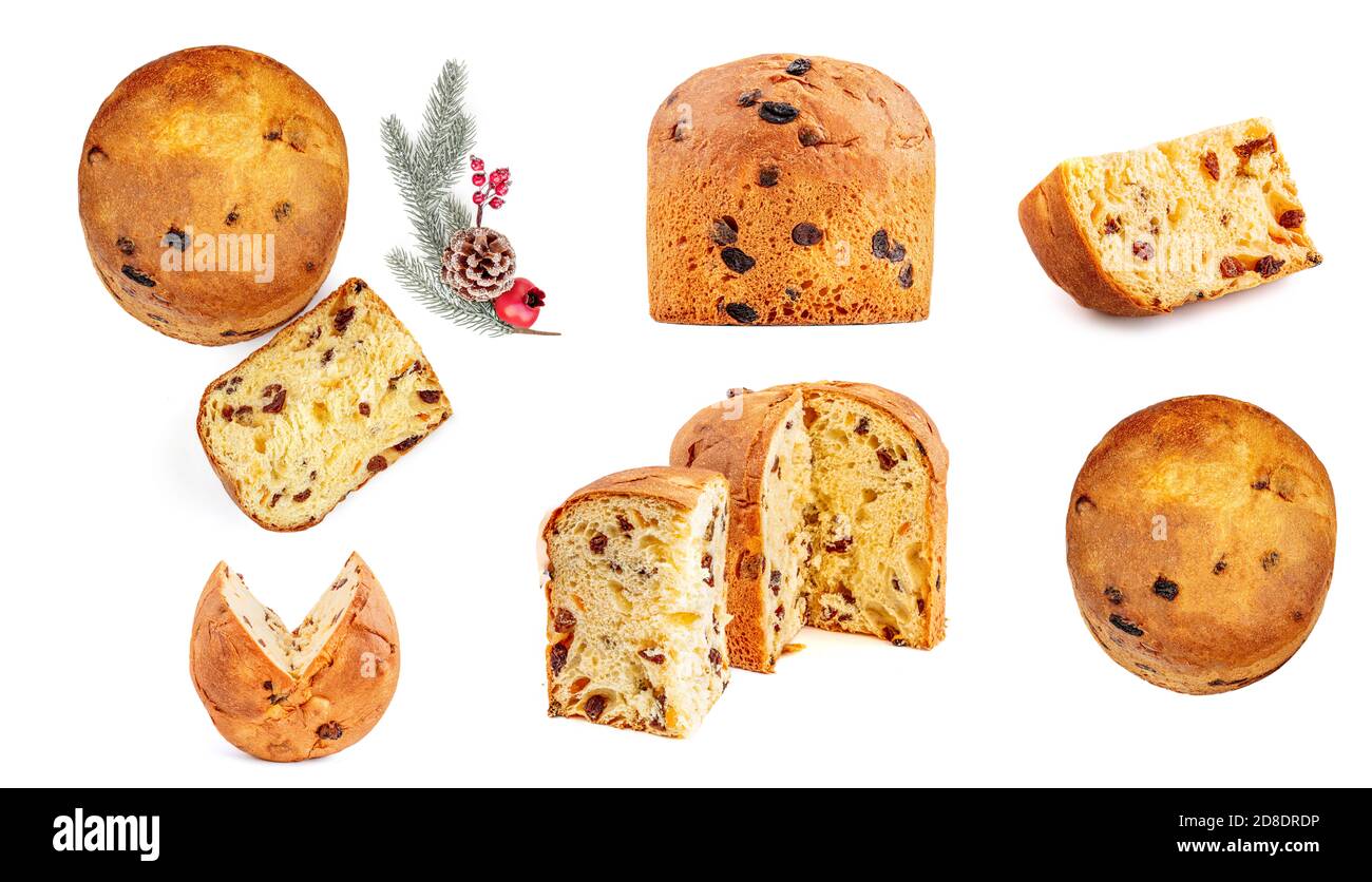 Set of Christmas cake  isolated on white background. Panettone or Fruit Festive  cake Top view. Stock Photo