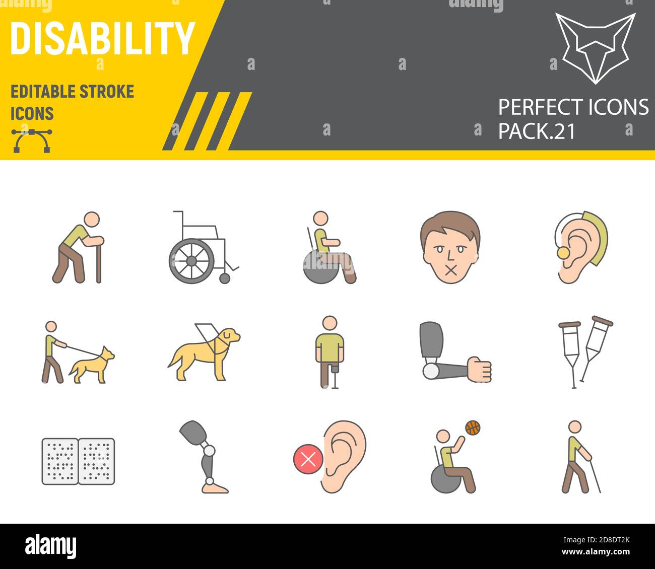 Disability color line icon set, disabled people collection, vector ...
