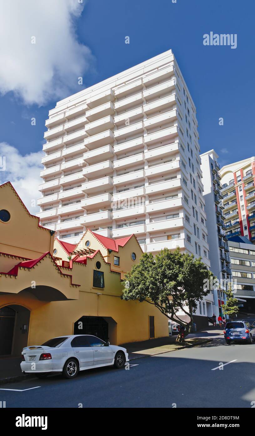 AUCKLAND, NEW ZEALAND - Aug 24, 2019: View of white residential apartment building on Eden Cres Stock Photo