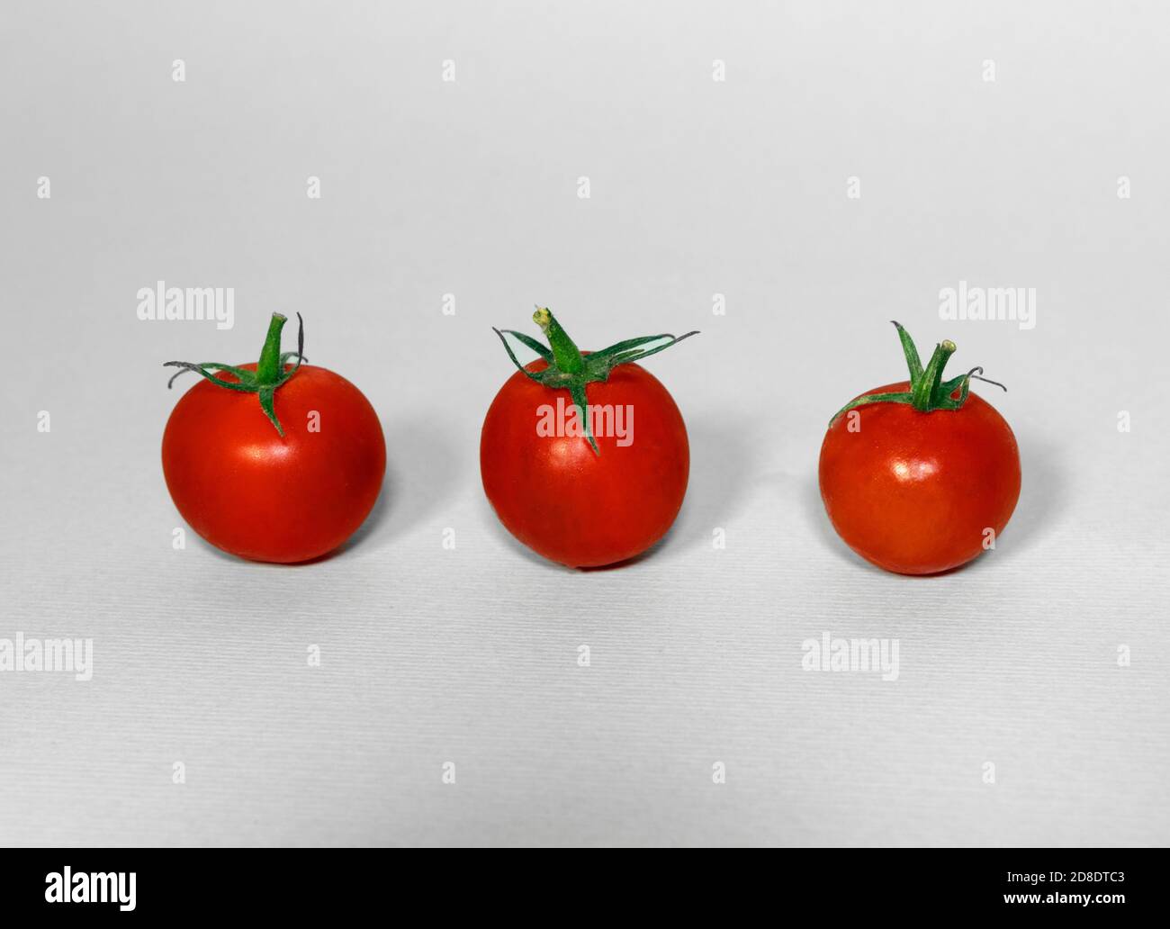 Cherry Freshness Tomatoes Line up on Grey Background Space for Text, Copyspace Stock Photo
