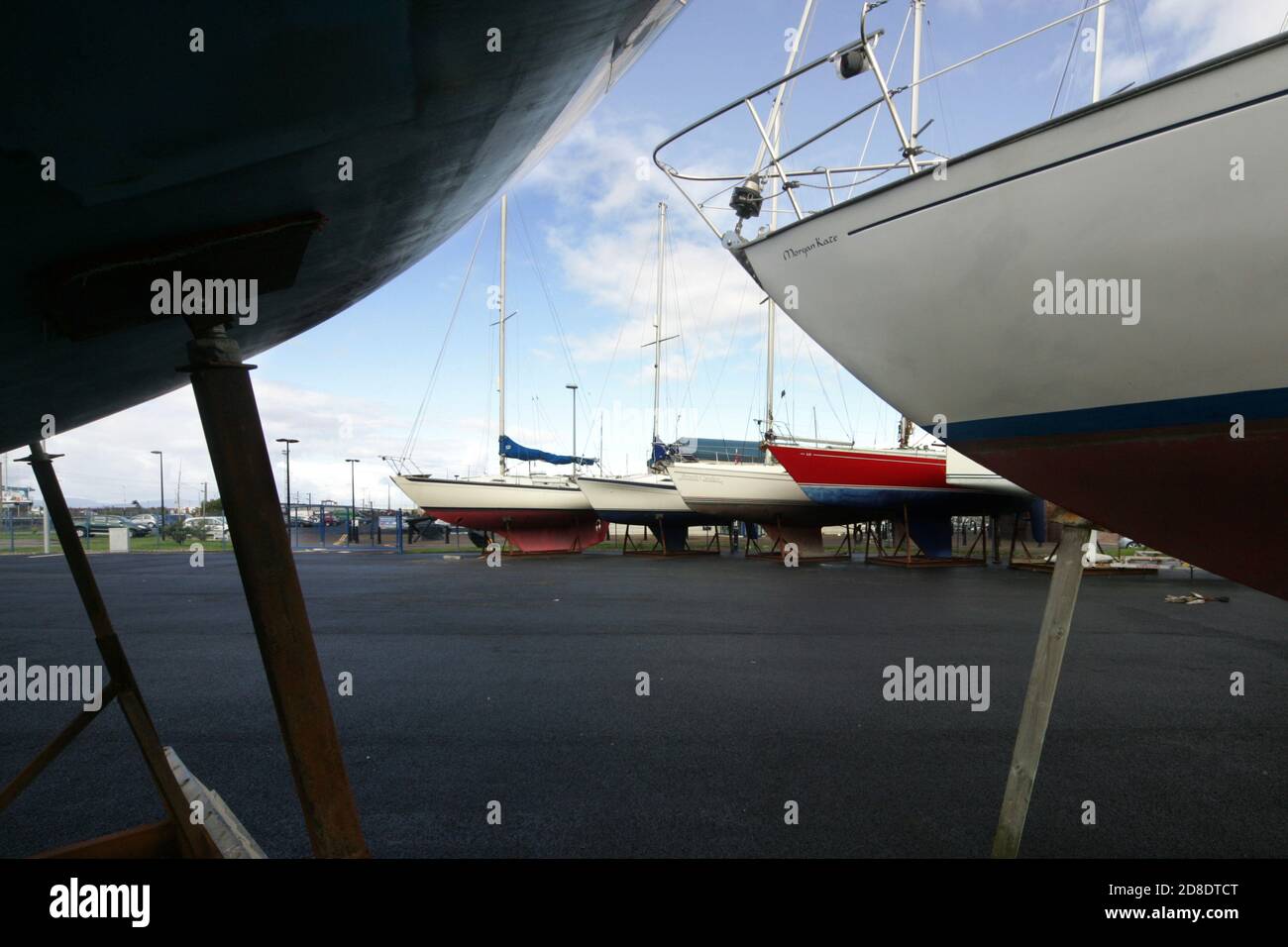 Ardrossan, Ayrshire, Scotland, UK. Yachts on dry land in enclosure