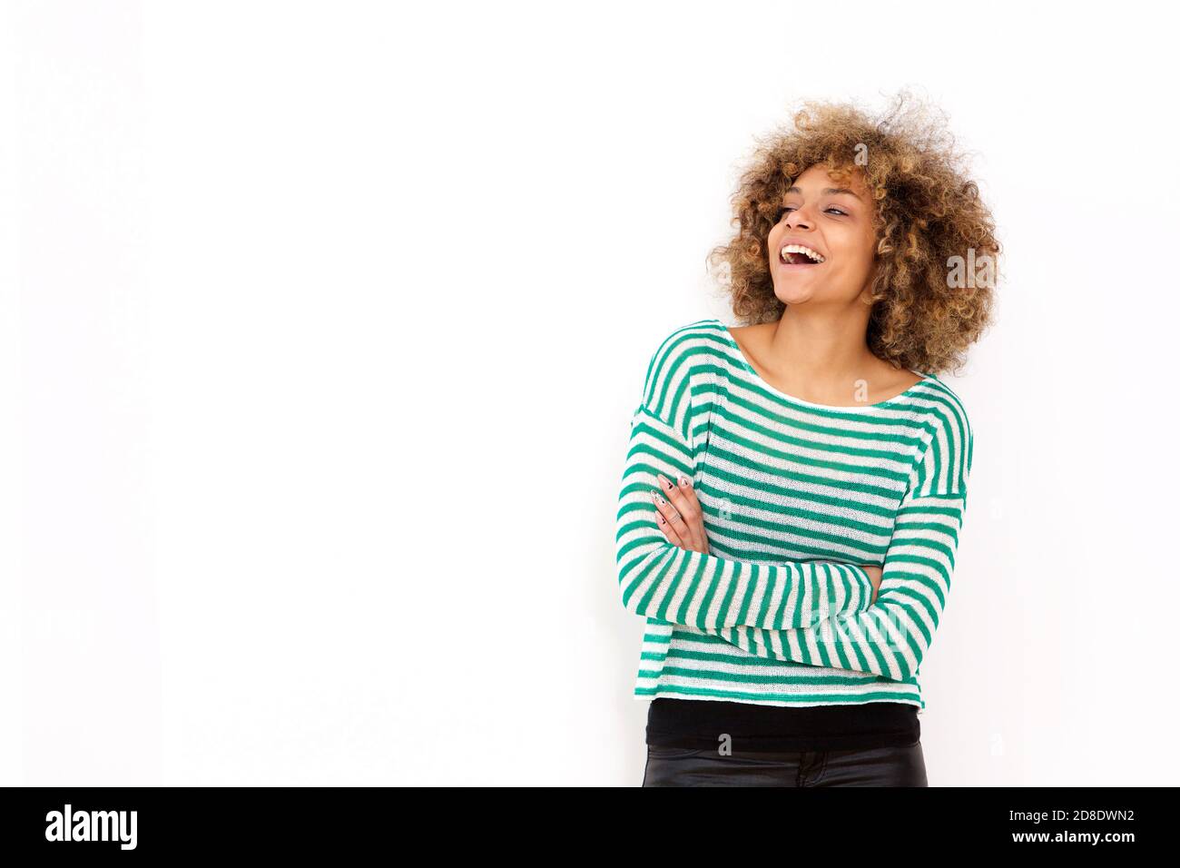 Portrait of one african american young woman laughing against white ...