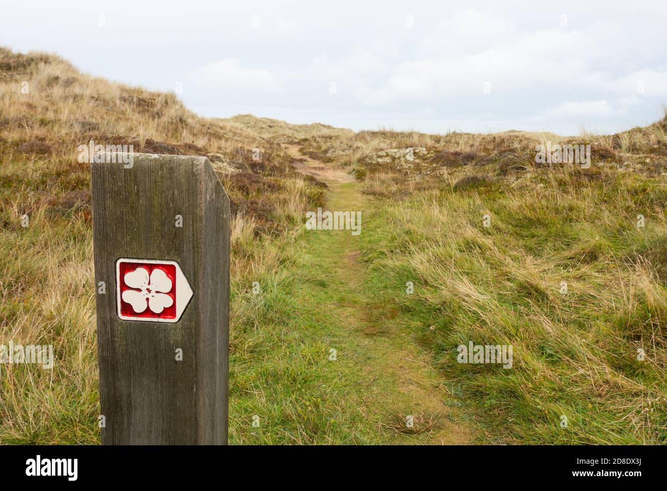Pathway route sign within Forvie Sands National Nature Reserve near Collieston, Aberdeenshire, Scotland, UK Stock Photo