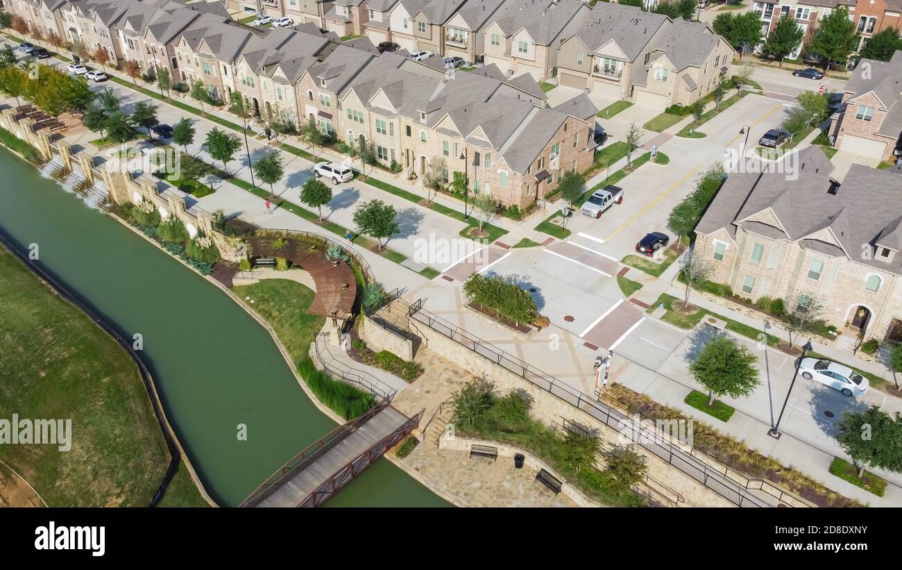 Aerial view riverside brand new twostory townhouses in downtown Flower