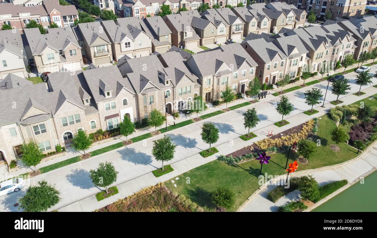 Aerial view riverside brand new twostory townhouses in downtown Flower