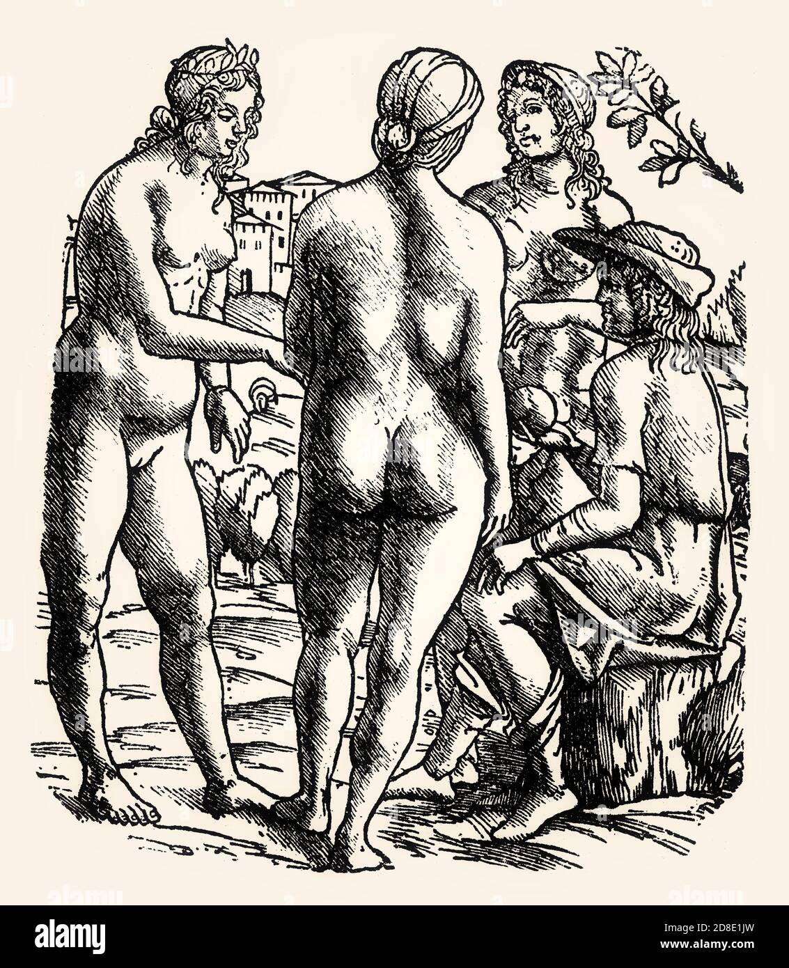 Judgement of Paris, Italian woodcut, c. 1500 Stock Photo