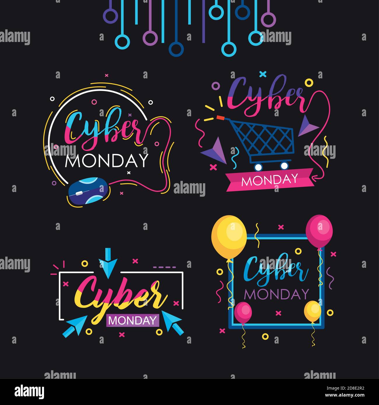 cyber monday designs icon set over black background, flat style, vector ...
