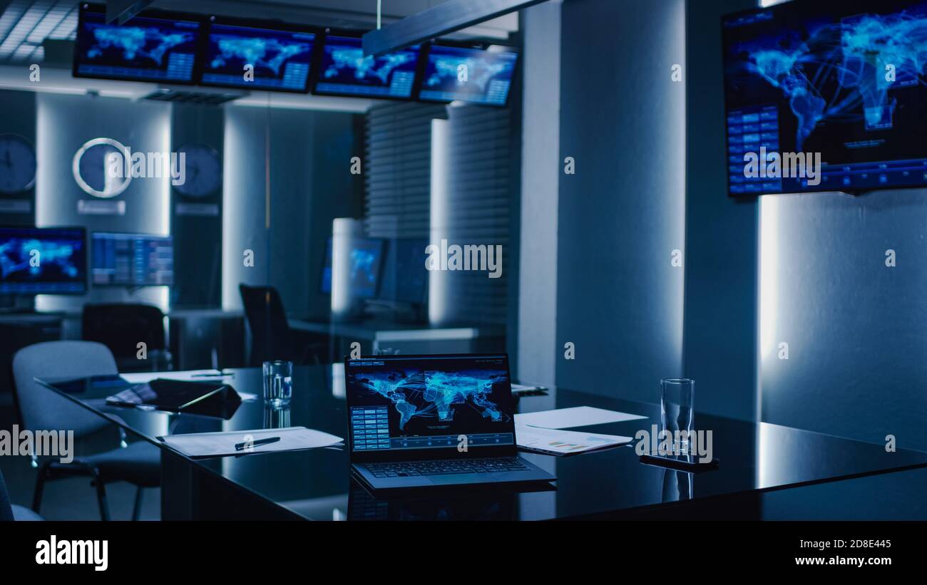 Shot of the System Control Monitoring Room. Empty Government Emergency Operations Center. Stock Photo