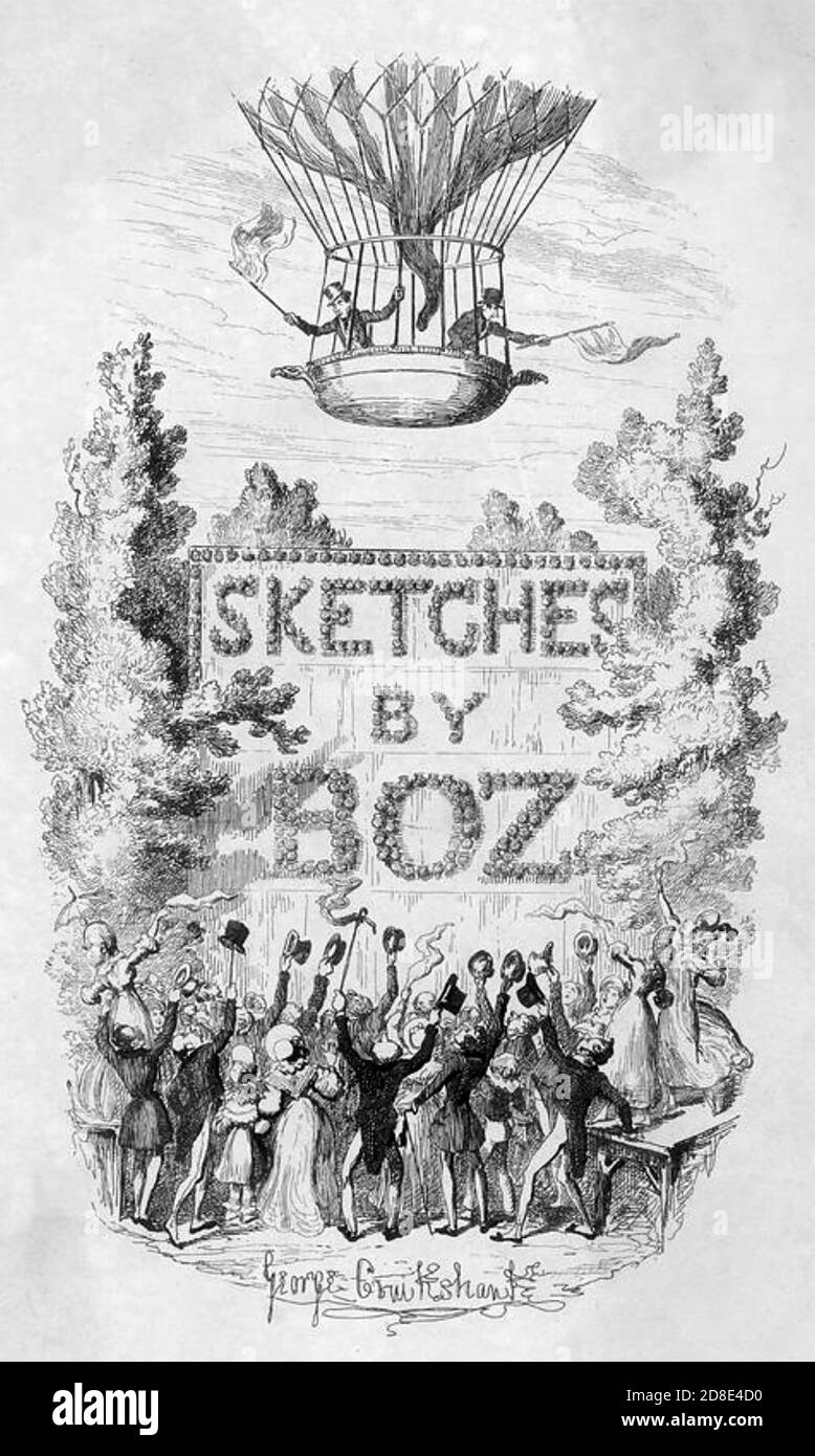 SKETCHES BY BOZ Frontespiece of the 1836 first edition of short pieces by Charles Dickens as Boz drawn by George Cruikshank. Stock Photo