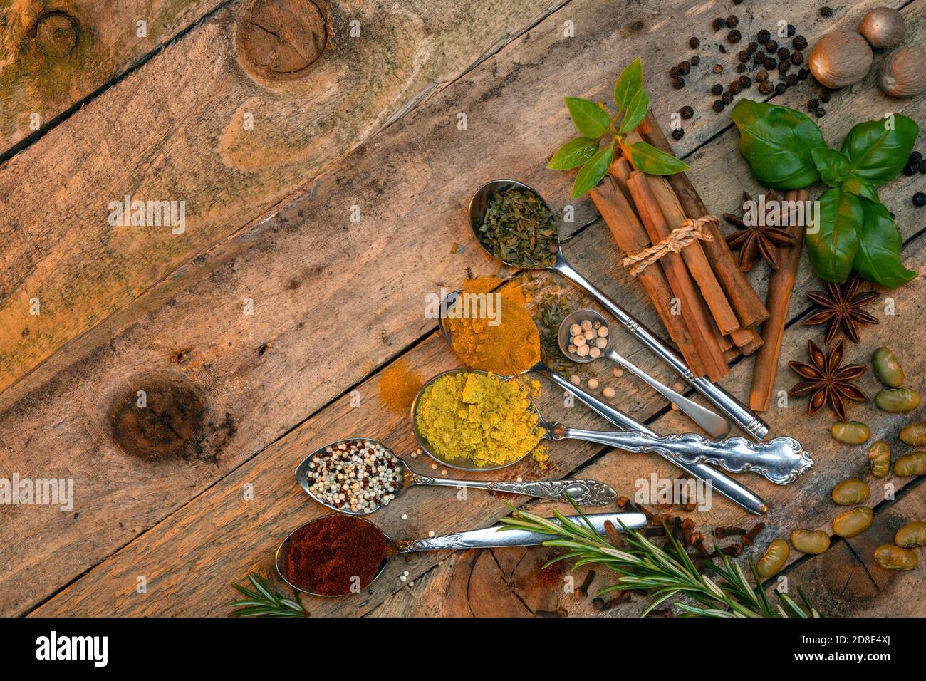 Cooking spices and herbs with space for text Stock Photo