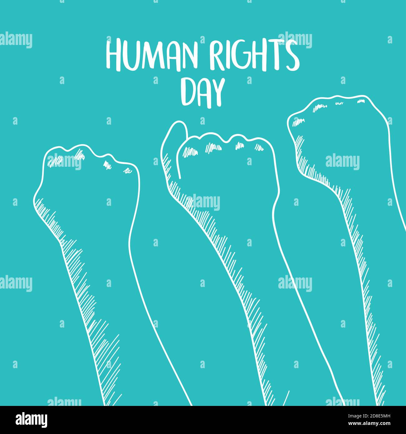 human rights design with protesting hands up over turquoise background ...
