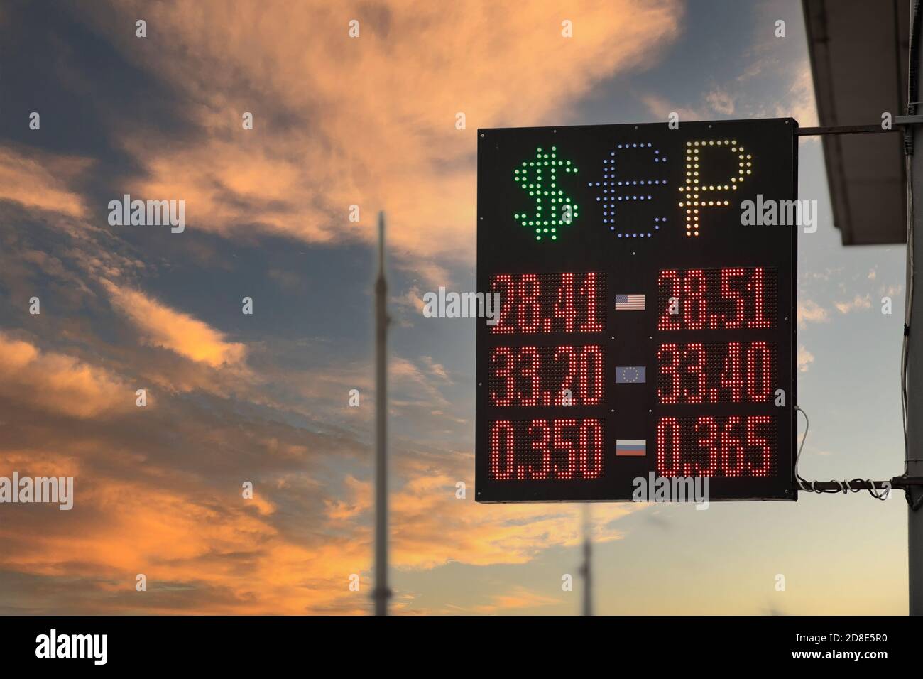 exchange rate dollar euro ruble. currency exchange on the electronic scoreboard Stock Photo