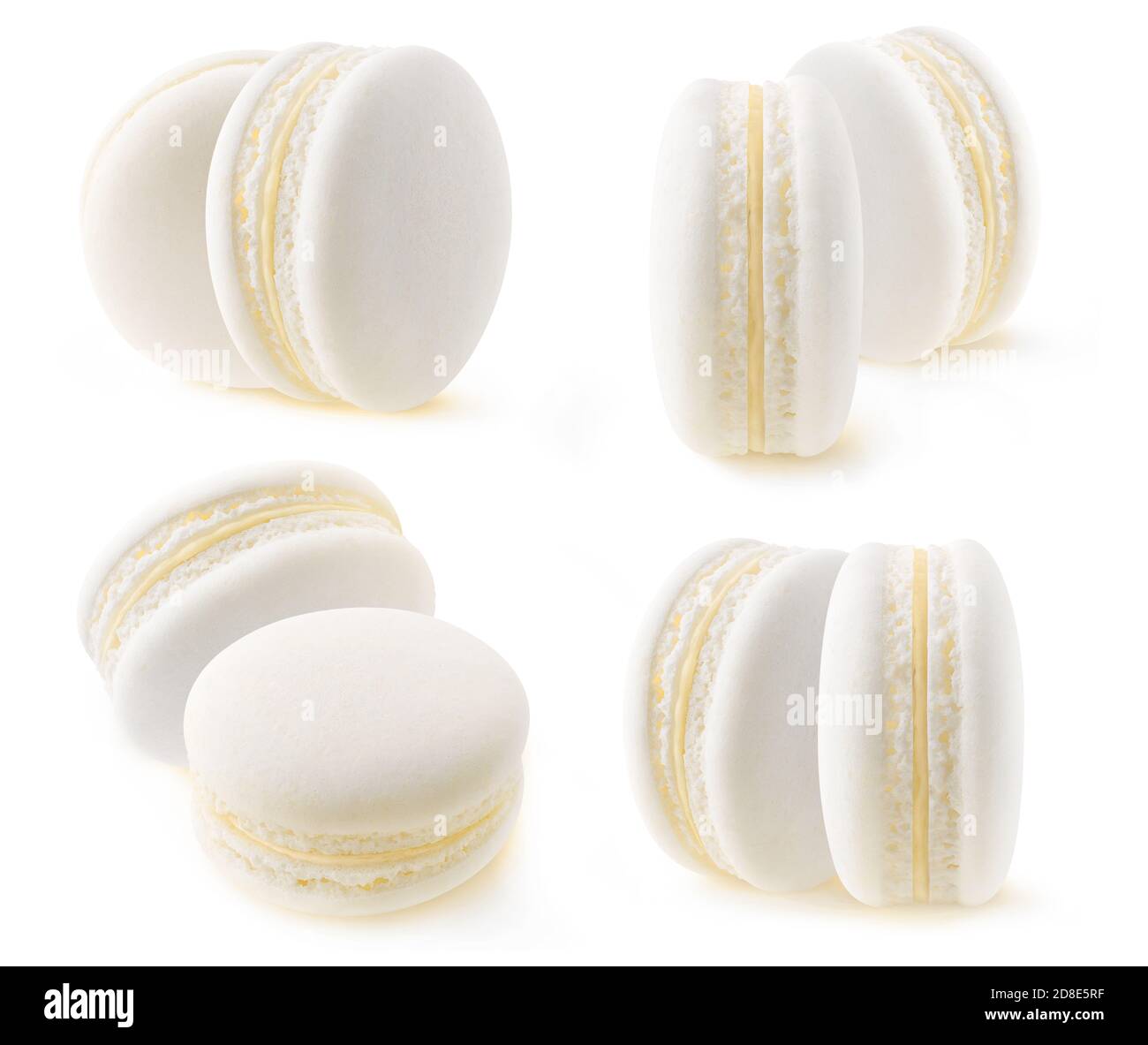 Isolated white macaroon collection. Two vanilla or coconut macarons isolated on white background Stock Photo