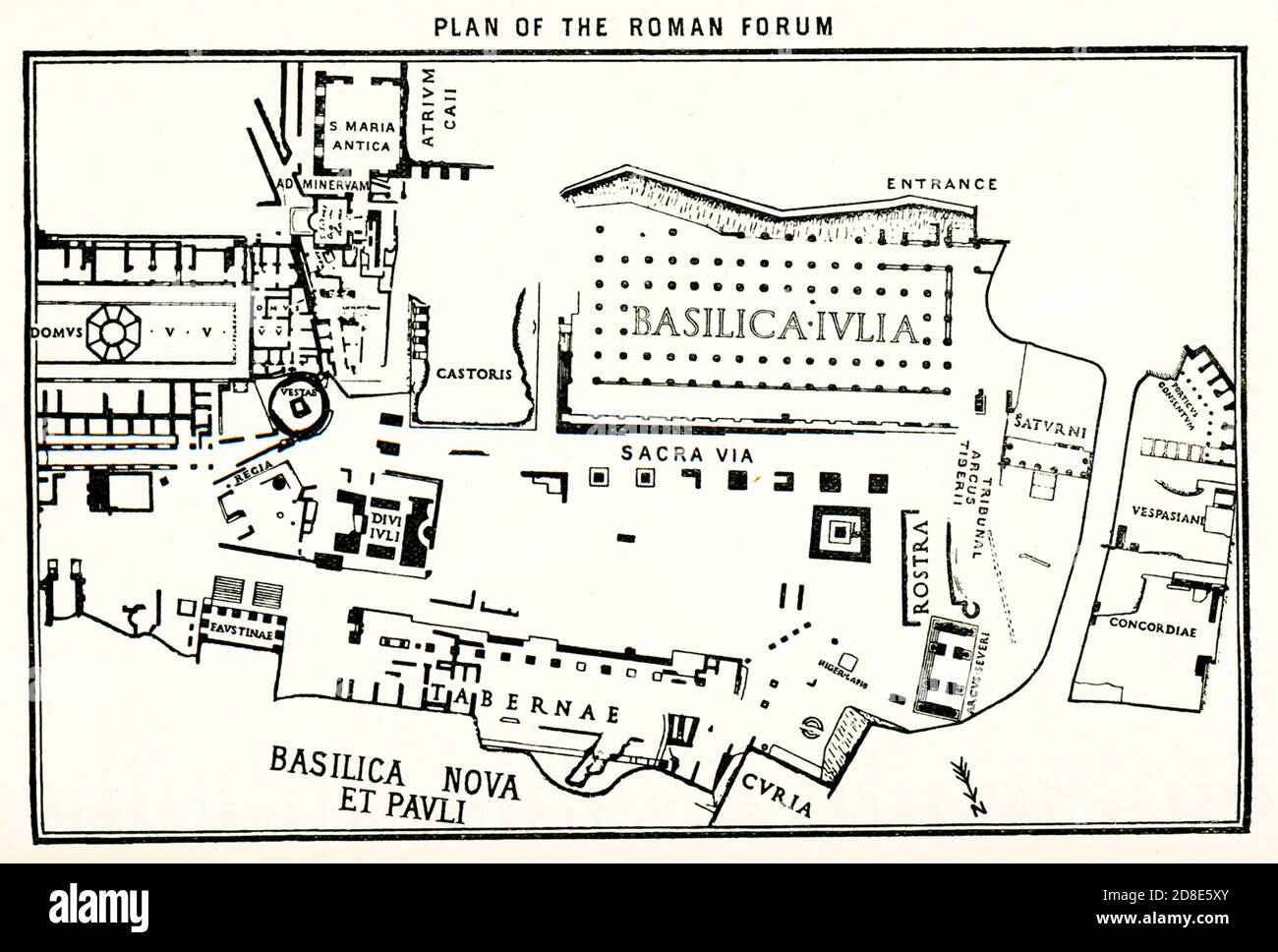 This 1876 illustration offers a plan of the ancient Roman Forum. In ancient Rome, the forum was the market and meeting place and consisted of an open square surrounded by public buildings. The best known forum is the one in Rome, pictured here.  The structure in the middle is the Julian Basilica. Running in front is the Sacra Via (Sacred Way) Stock Photo