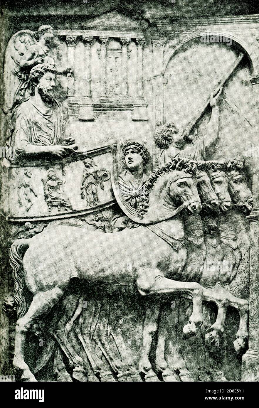 This 1876 photo shows a relief of Marcus Aurelius passing along the Via Sacra with Temple of Julius Caesar and Arch of Fabius in the background. The relief is housed in the Conservatori Palace. Marcus Aurelius Antoninus was Roman emperor from 161 to 180 and a Stoic philosopher. He was the last of the rulers known as the Five Good Emperors, and the last emperor of the Pax Romana, an age of relative peace and stability for the Roman Empire. Stock Photo