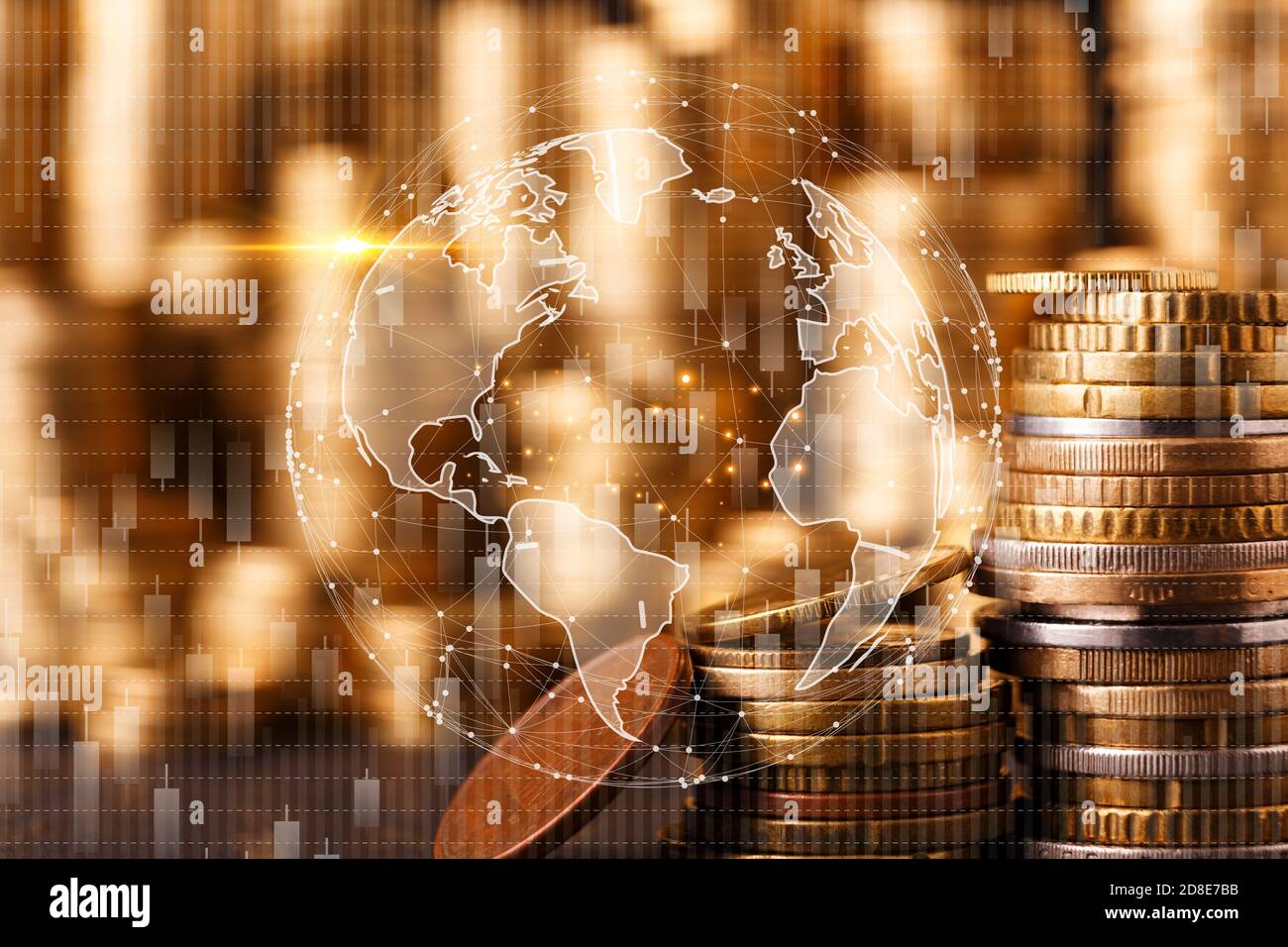 Golden coin stacks, rich money background, global economy and coronavirus Stock Photo