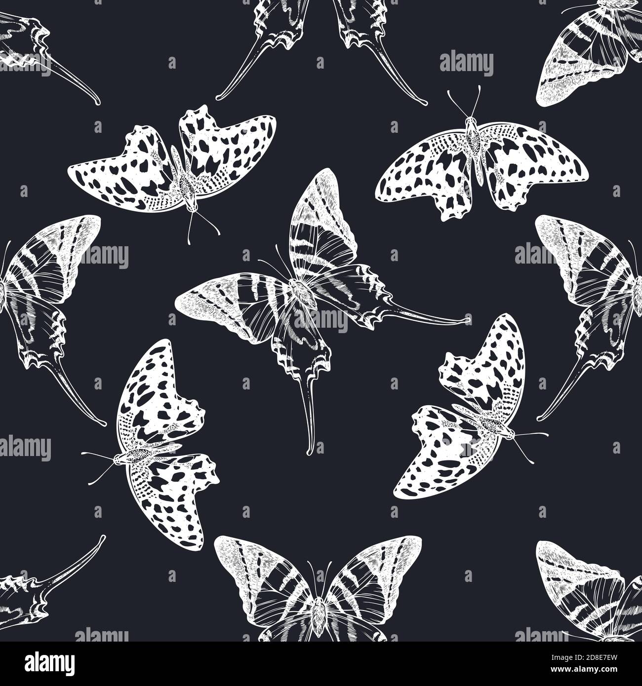 Seamless pattern with hand drawn chalk giant swordtail, lemon butterfly Stock Vector