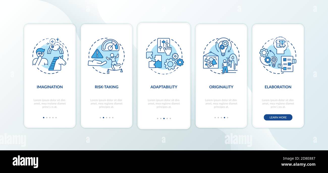 Creative thinking skills onboarding mobile app page screen with concepts Stock Vector