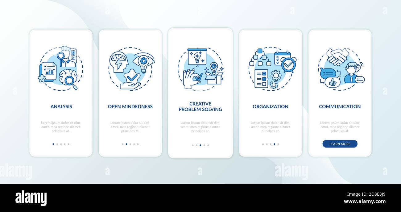 Creative thinking types onboarding mobile app page screen with concepts Stock Vector