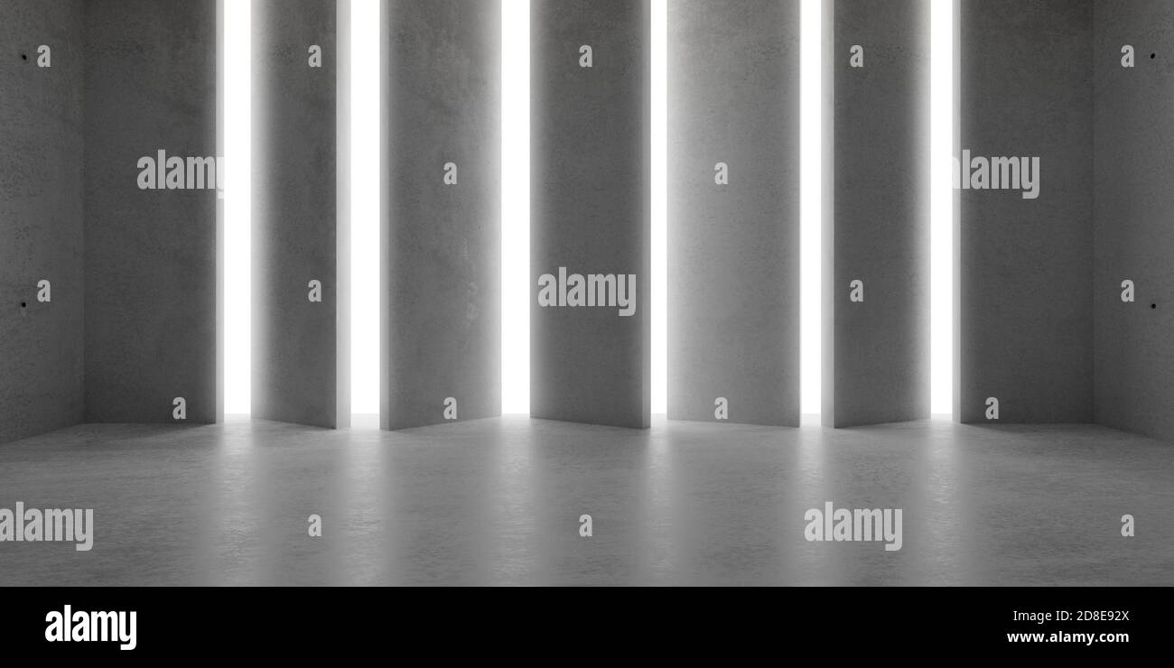 Abstract empty, dark, modern concrete walls room with light from