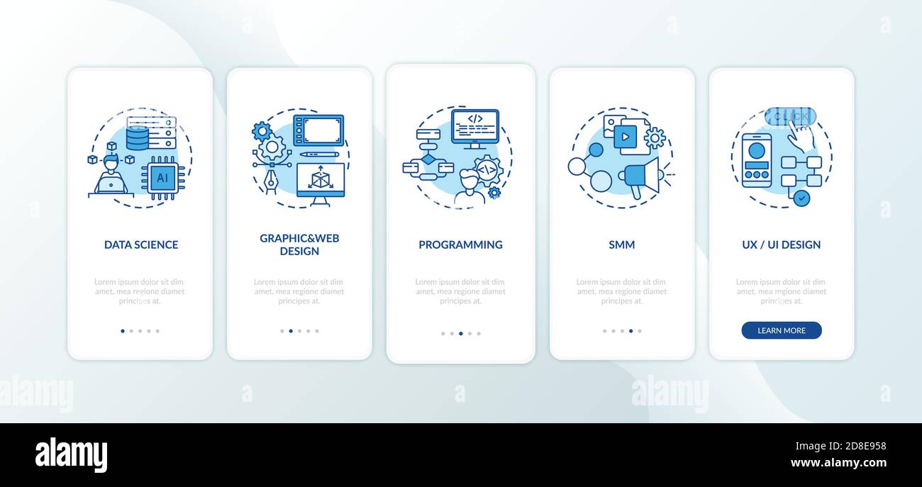 Top careers in IT for creative thinkers onboarding mobile app page screen with concepts Stock Vector