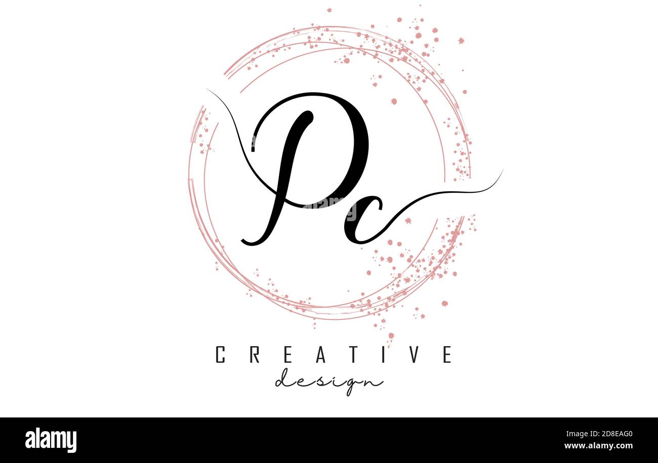 Handwritten PC p c letter logo with sparkling circles with pink glitter ...
