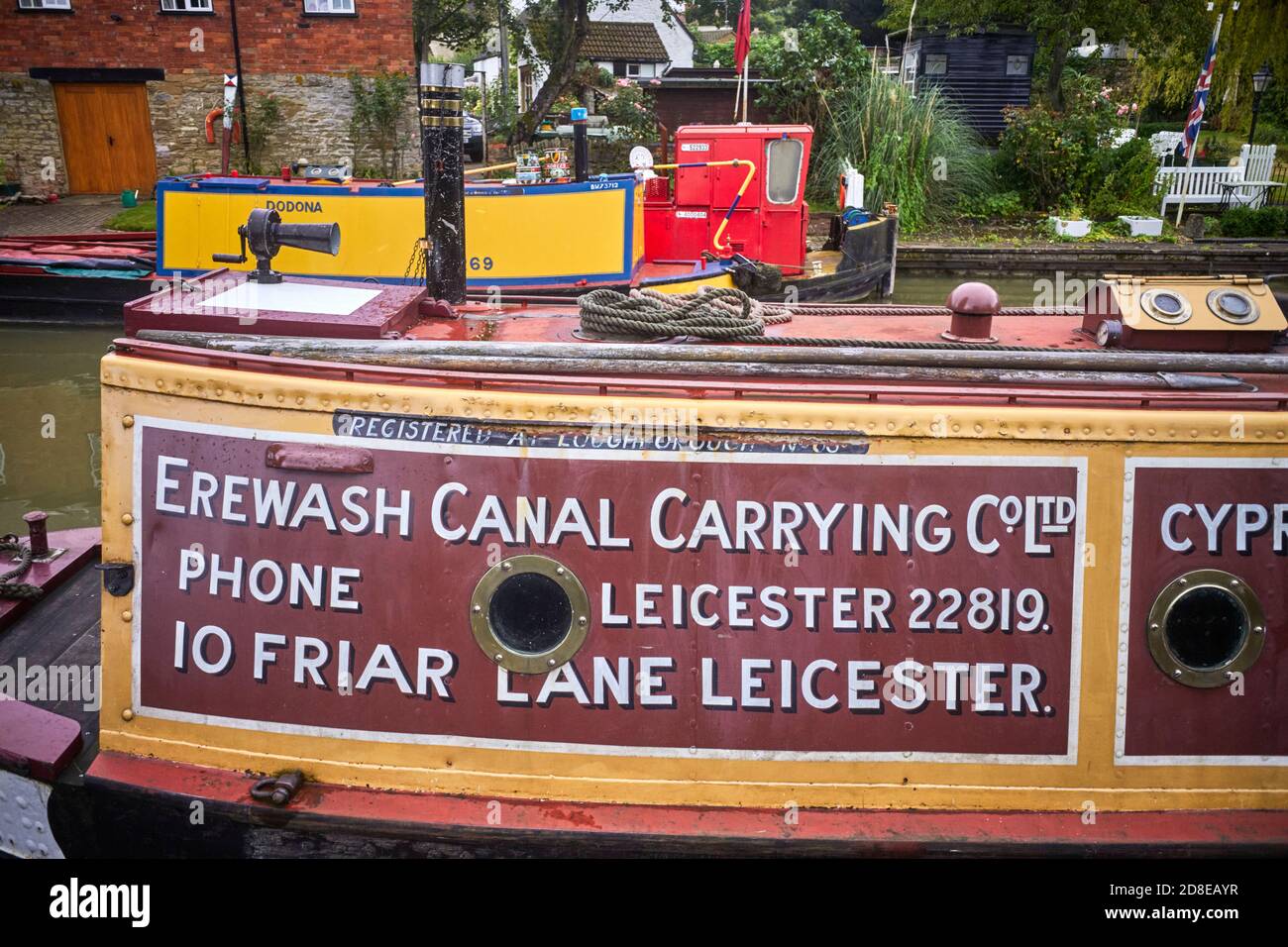 Detail of paintwork and signwriting on narrowboat at Stoke Bruerne on the Grand Union Canal Stock Photo