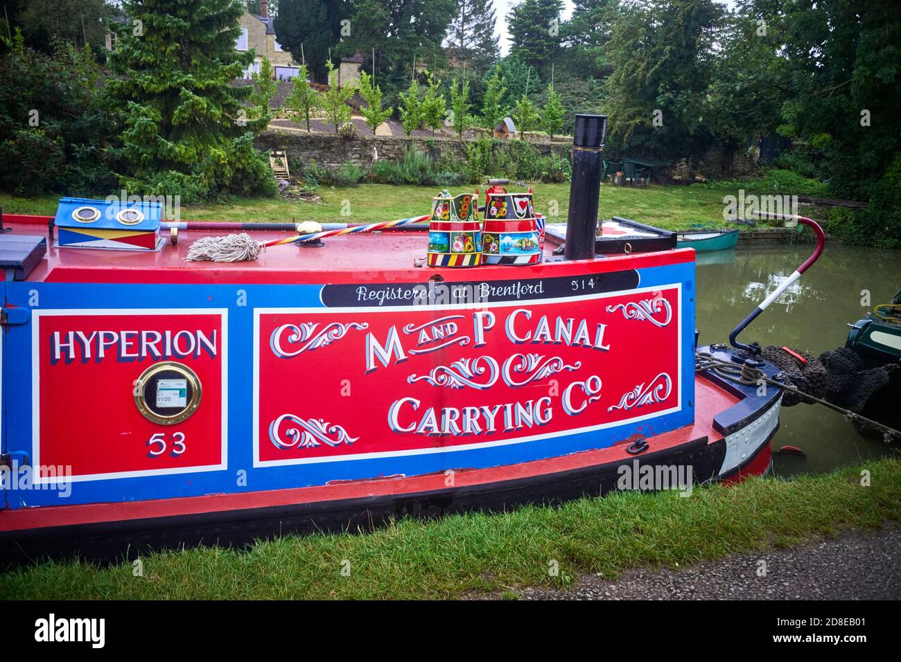 Detail on back cabin outside of narrowboat Hyperion at Stoke Bruerne on the Grand Union Canal Stock Photo