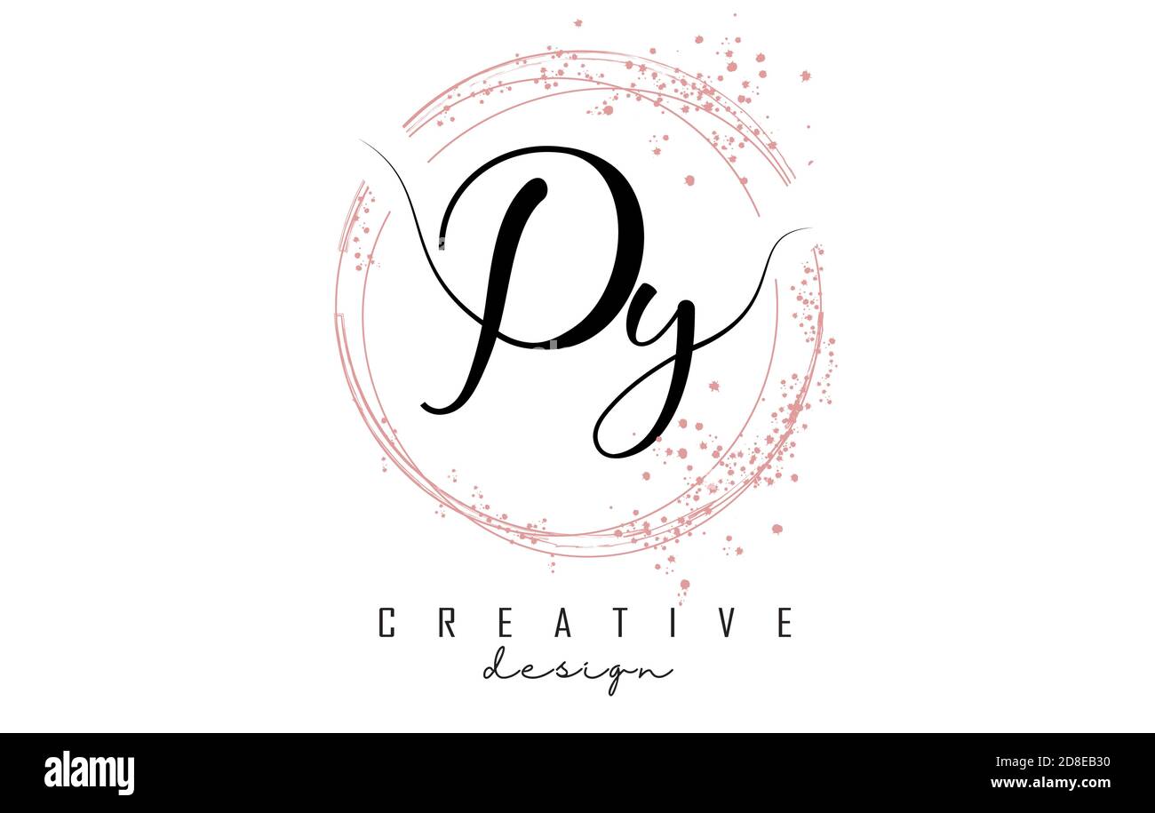 Handwritten Py P y letter logo with sparkling circles with pink glitter. Decorative vector illustration with P and y letters. Stock Vector