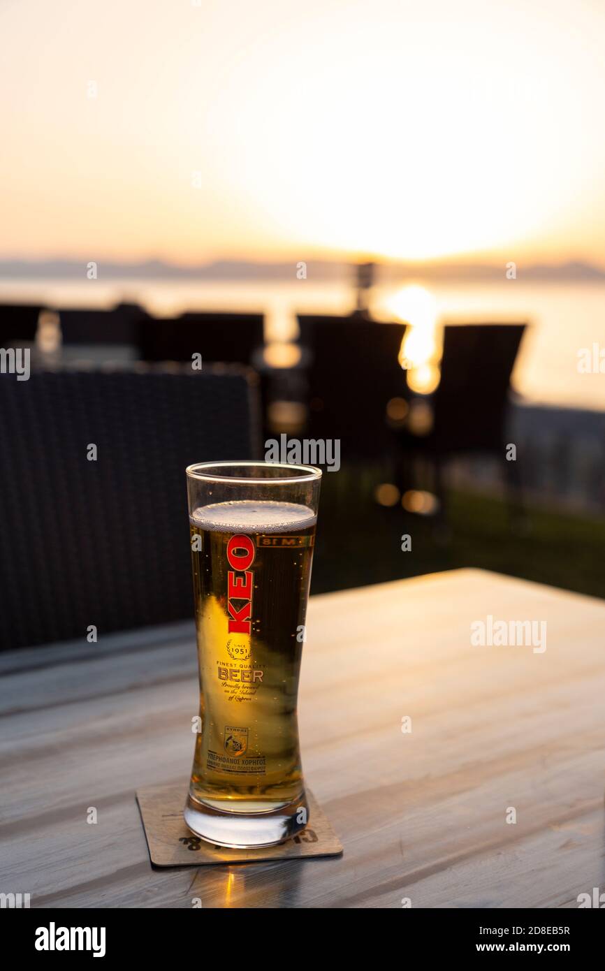 A pint of KEO beer at a waterfront taverna in Argaka, Paphos District, Cyprus Stock Photo
