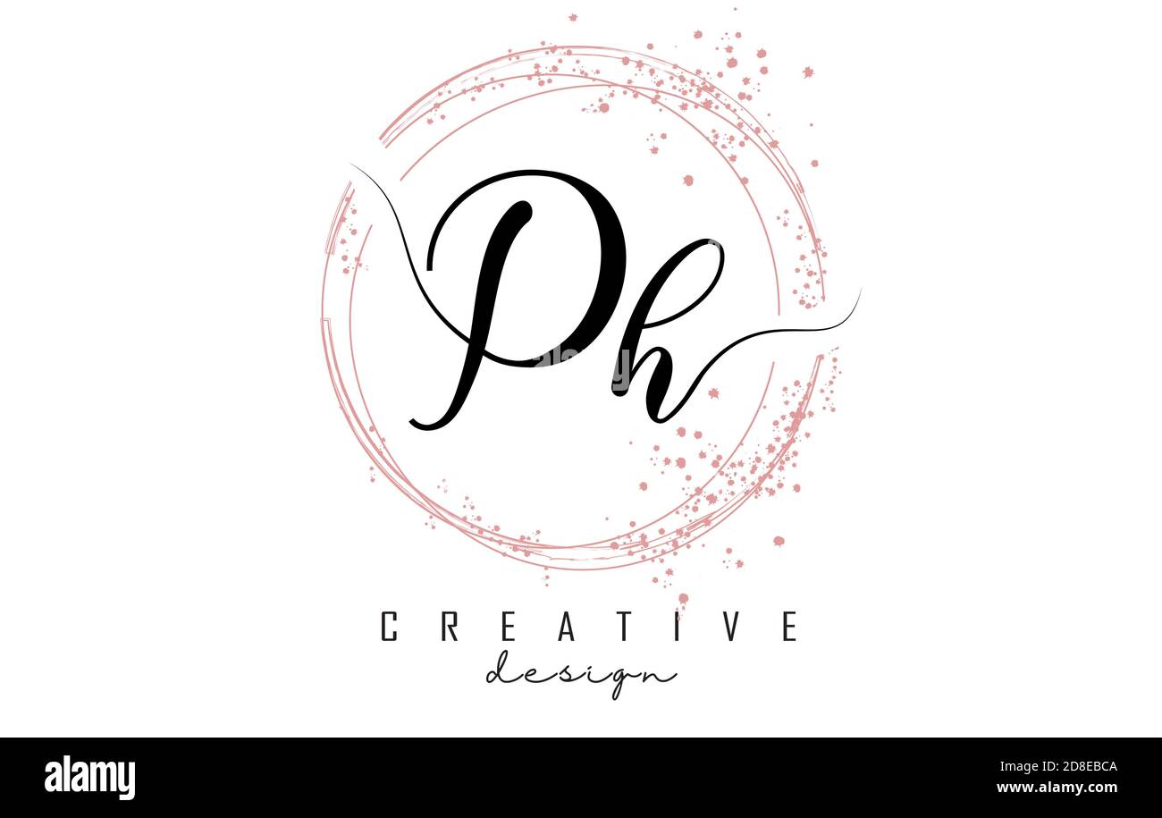 Handwritten Ph P h letter logo with sparkling circles with pink glitter. Decorative vector