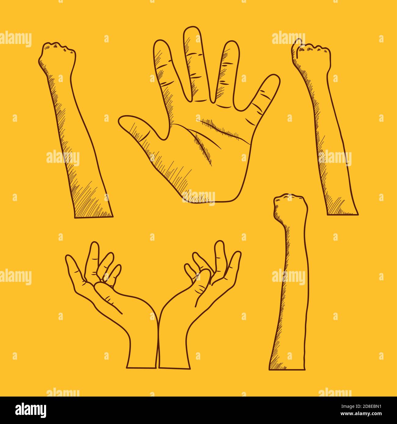 icon set of hands over yellow background, sketching style, vector ...