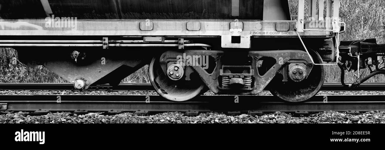 Freight train car wheelset. Wide format image. Stock Photo