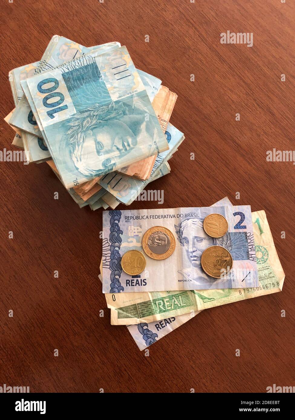 Real Brazilian banknotes. A lot of real Brazilian currency. Stock Photo