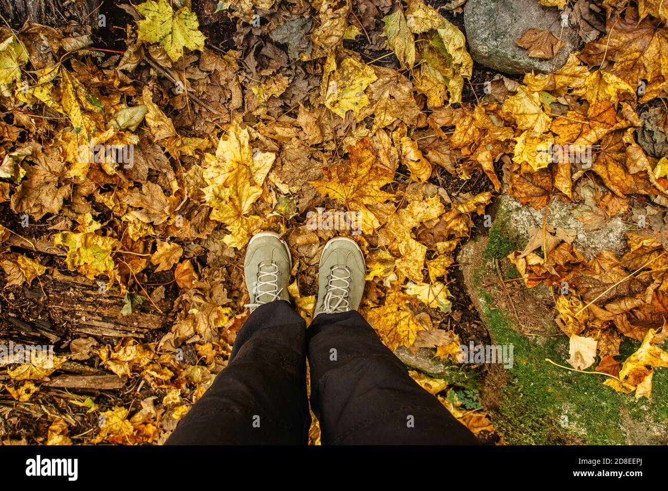 Romantic Outdoor with Autumn leaves on background. Lifestyle Fashion concept. Girl hiking boots. Fall autumn colors. High angle view of human leg Stock Photo