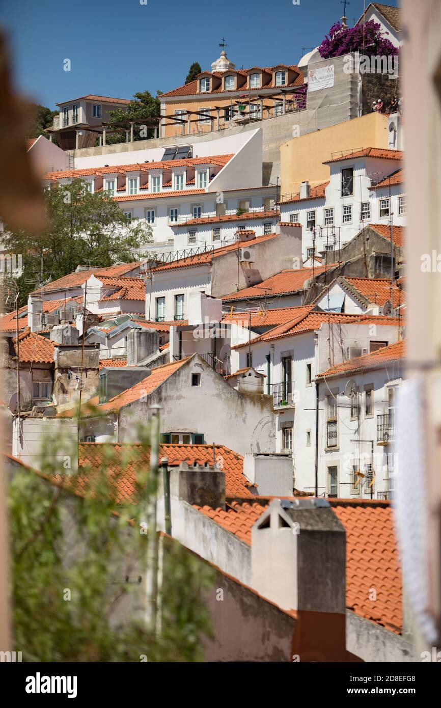 Rooftops and beautiful architecture in the Alfama neighborhood of Lisbon, Portugal, Europe. Stock Photo